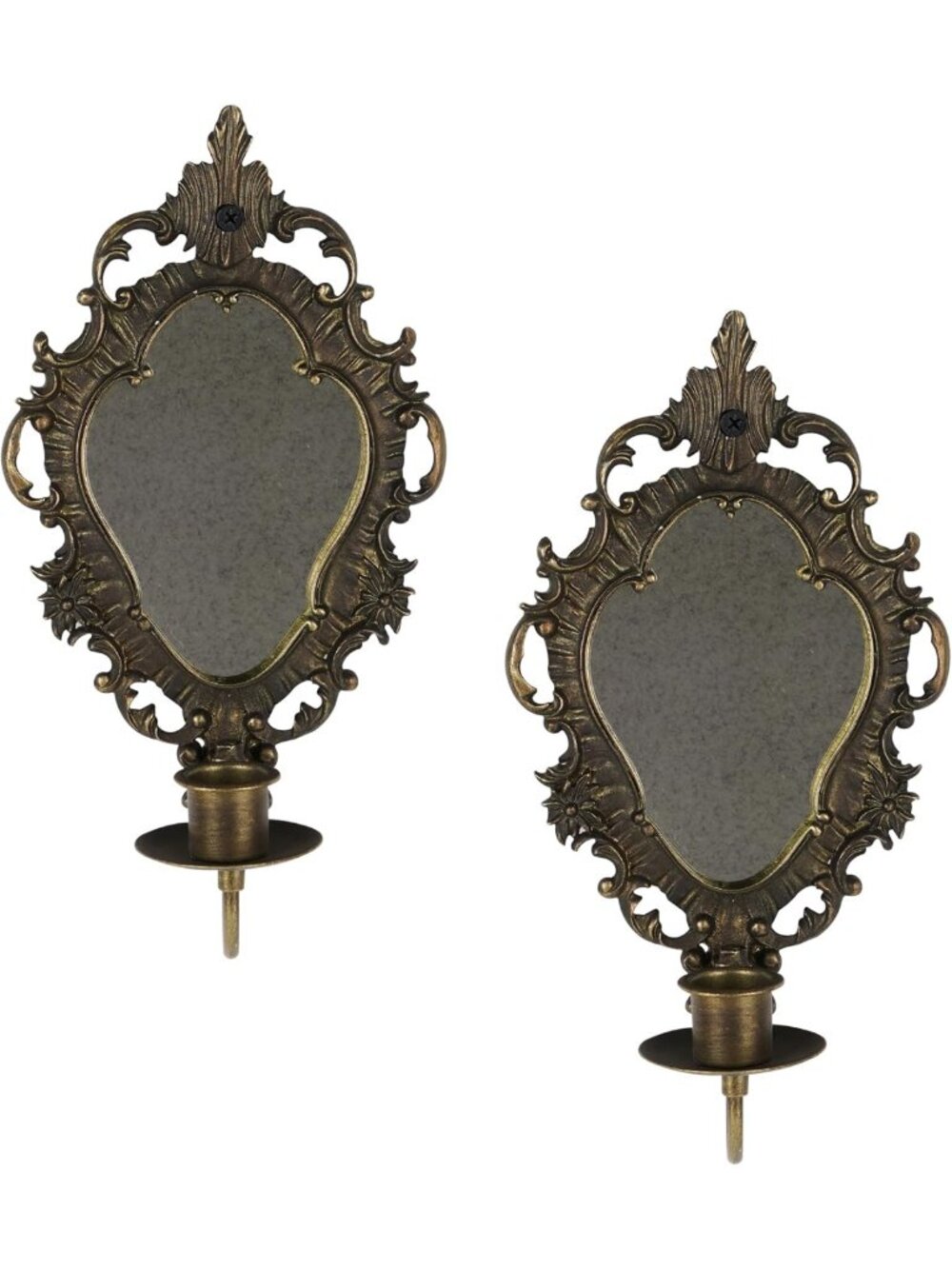 Vintage Antique Gold Wall Sconces - Set of 2, Distressed Mirror Candle Holders